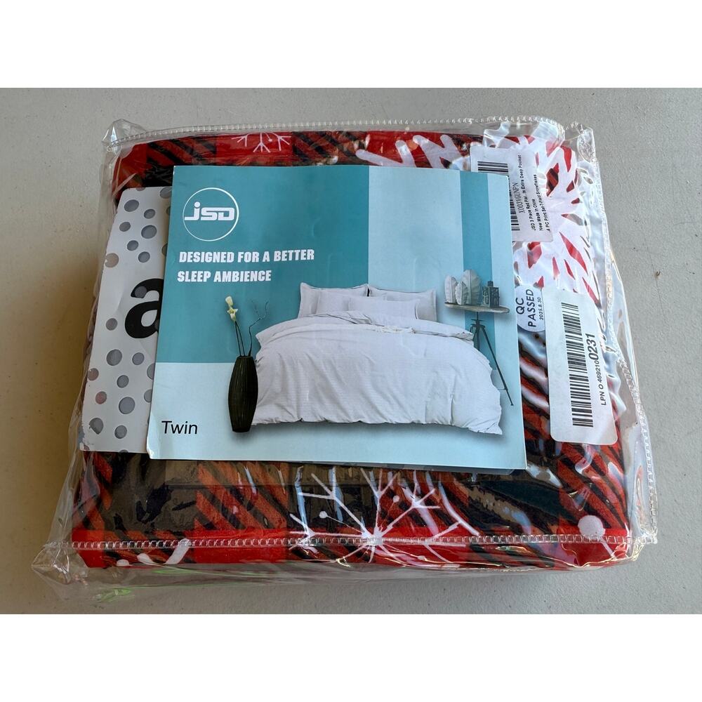 Twin Sheet set Red Black buffalo check with white snowflakes